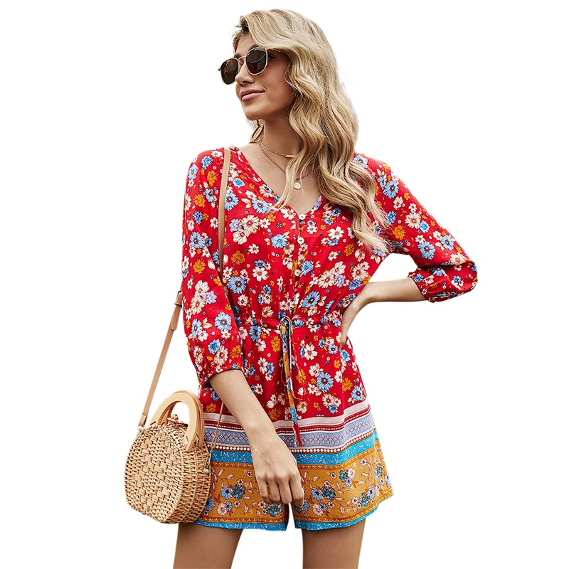 

2021 Spring Cute V Neck Flower Print Cottagecore Romper for Women Kawaii Ladies Red High Waisted Floral Playsuit Plus Size