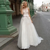 polka dot tulle wedding dresses 2021 a line o neck lace sequins button sleeveless princess bridal gown with bow sweep train