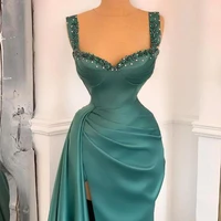 elegant dark green mermaid prom dresses spaghetti straps satin draped beaded formal evening party gowns high side split robes