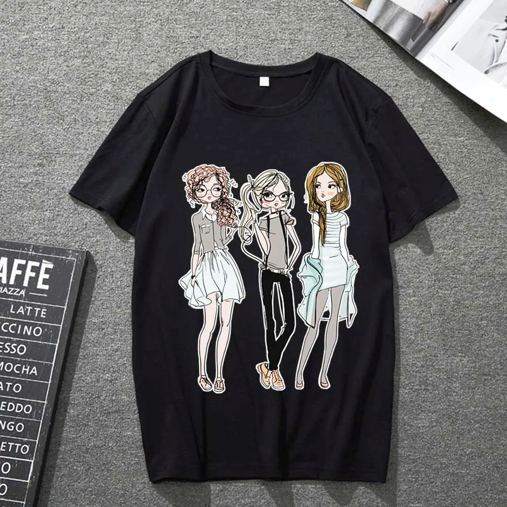 

Ladies T-shirt O-neck Casual Style Fashion Beautiful Girl Pattern Printing Series Men's Black Short-sleeved Harajuku Soft Top