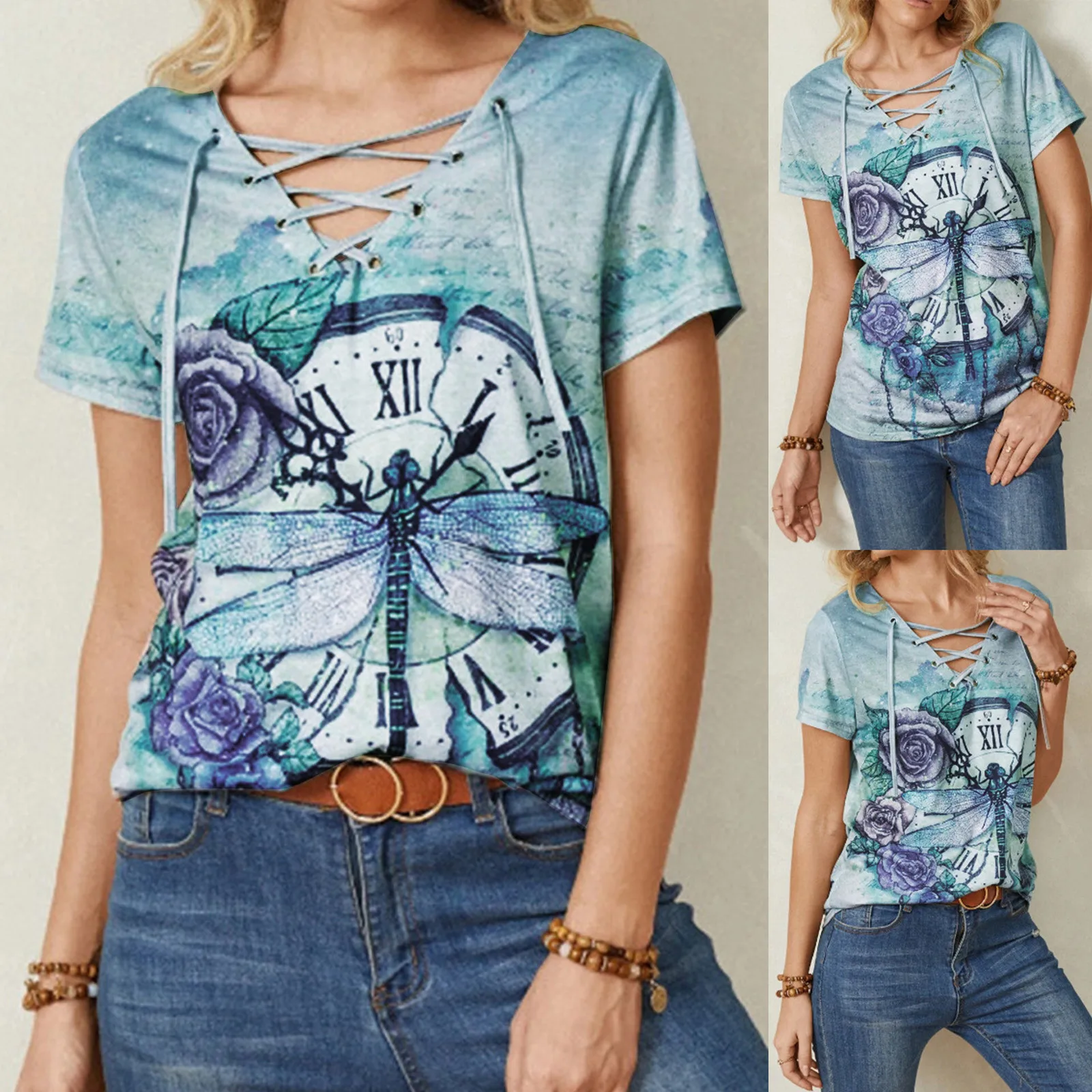 

Fashion Dragonfly print V-neck bandage short sleeve T-shirt women's top 2021 summer new free shipping women's wear