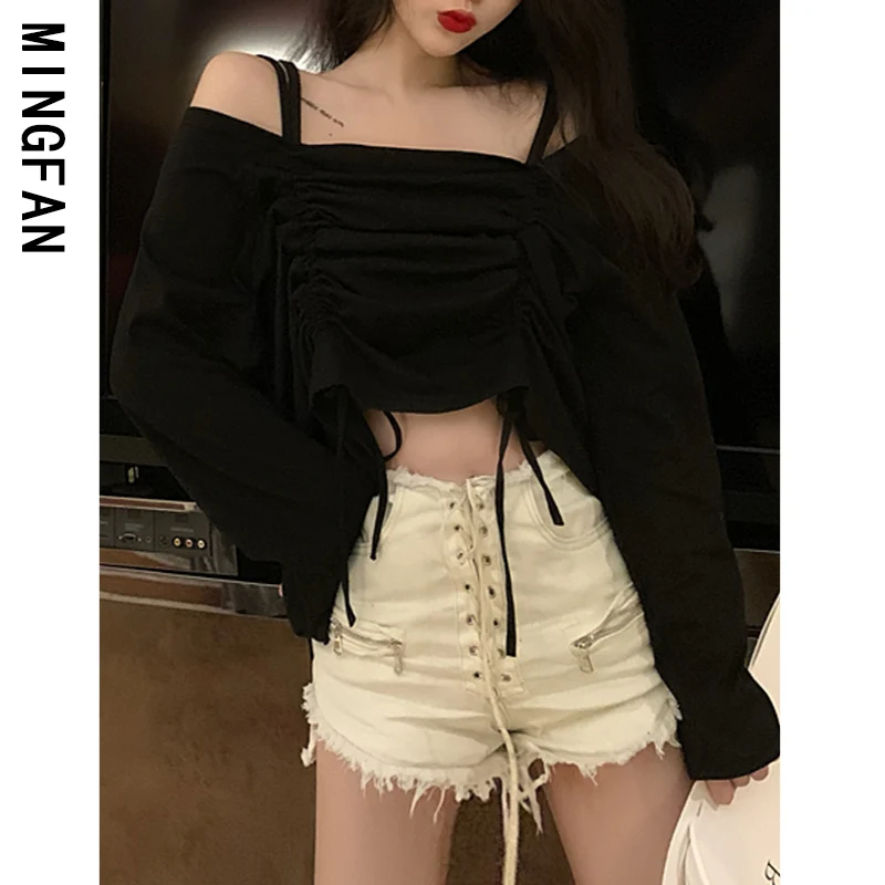 

Spring 2021 new women's fashion smart sexy drawstring tie off shoulder solid color long sleeve T-shirt
