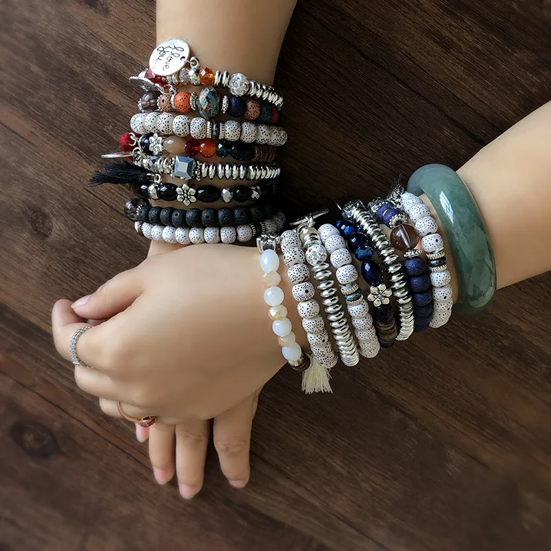 

Fashion Beaded Multilayer Bracelet Female Lava Bead Crystal Tassel Angel Wing Pendant Star and Moon Bodhi Bracelet Jewelry