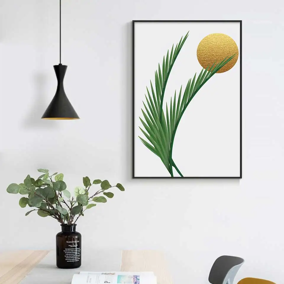 Spain modern Wall Art Painting Print Poster Golden Sun and monstera Green leaf Picture for Living Room home Decoration | Дом и сад