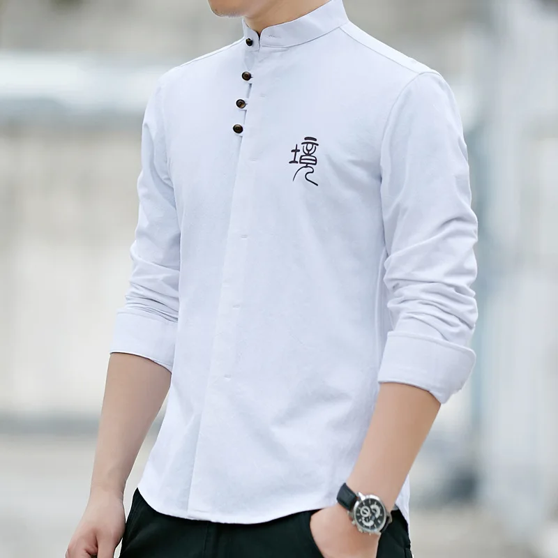 

2020 spring new Chinese Style Men's cotton long sleeve shirt with vertical collar and coil button Chinese casual white shirt