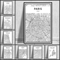 black and white world city map new york tokyo paris wall art canvas painting poster prints nordic style picture for living room