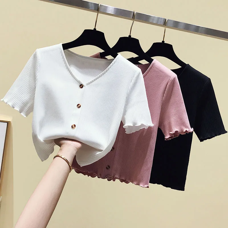 

# short sleeve T-shirt women cultivate morality in the summer of 2021 v is gotten students joker brief paragraph coat