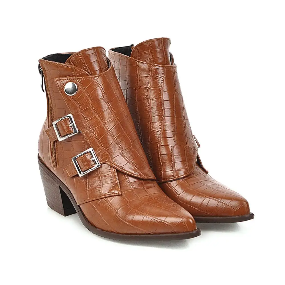 brown Женские ботильоны на высоком квадратном каблуке; botas zapatos mujer; зимняя кожаная обувь в стиле ретро; ботинки в ковбойском стиле; большие размеры - Цвет: brown