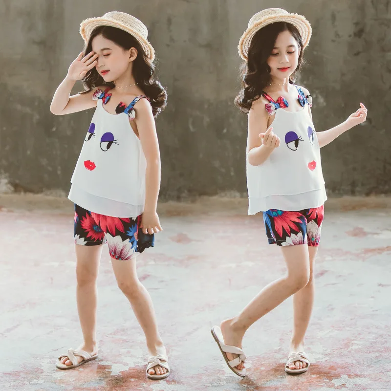 2021 Summer Girls Clothes Set Fashion Children Chiffon Sling Vest+Pants Kids Outfits Teen Girl Clothing Sets 4 6 8 10 12 Years