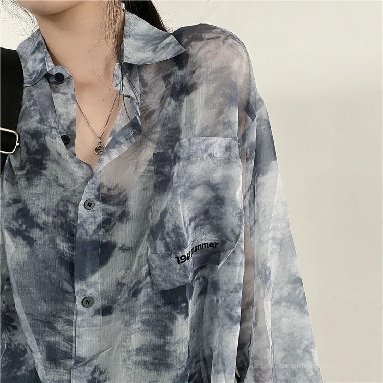 

Summer 2021new Blue Color Tie-Dyed Shirt Top Thin Type Sunscreen Long Sleeve Shirt Design Sense Cardigan Women's Clothes