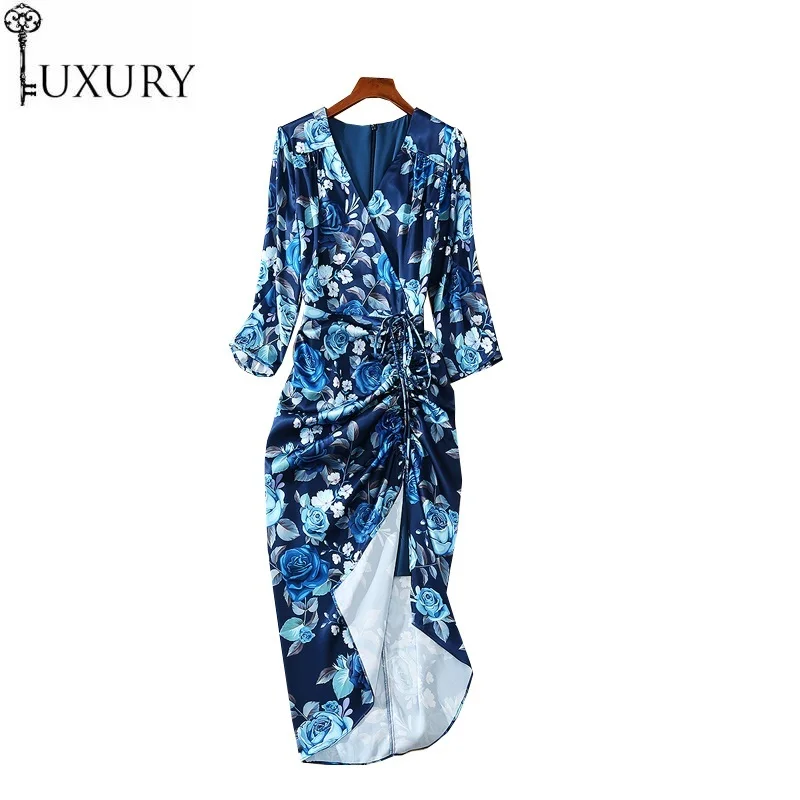 

Fashion 2020 Runway Autumn High Quality Women V-Neck Blue Floral Print Drawstring Deco 3/4 Sleeve Midi Bodycon Dress Club