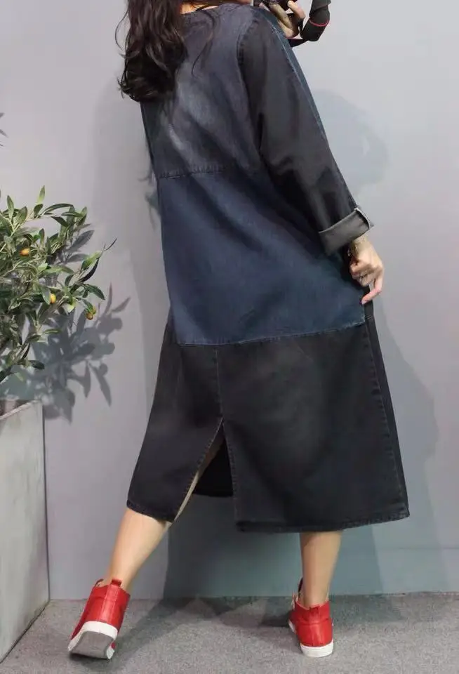 Женское джинсовое платье макси в стиле пэчворк мешковатое размера плюс