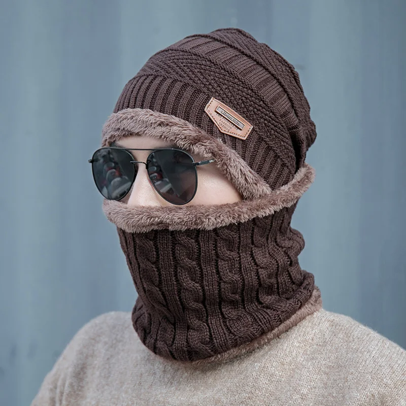 Coral Fleece Winter Beanies Hats Scarf For Mens Soft Warm Breathable Wool Knitted Winter Hat Letter Double Layers Cap