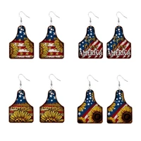 mixed sunflower american flag print cow ear tag drop earrings for women fashion retro style patriotic independence day jewelry