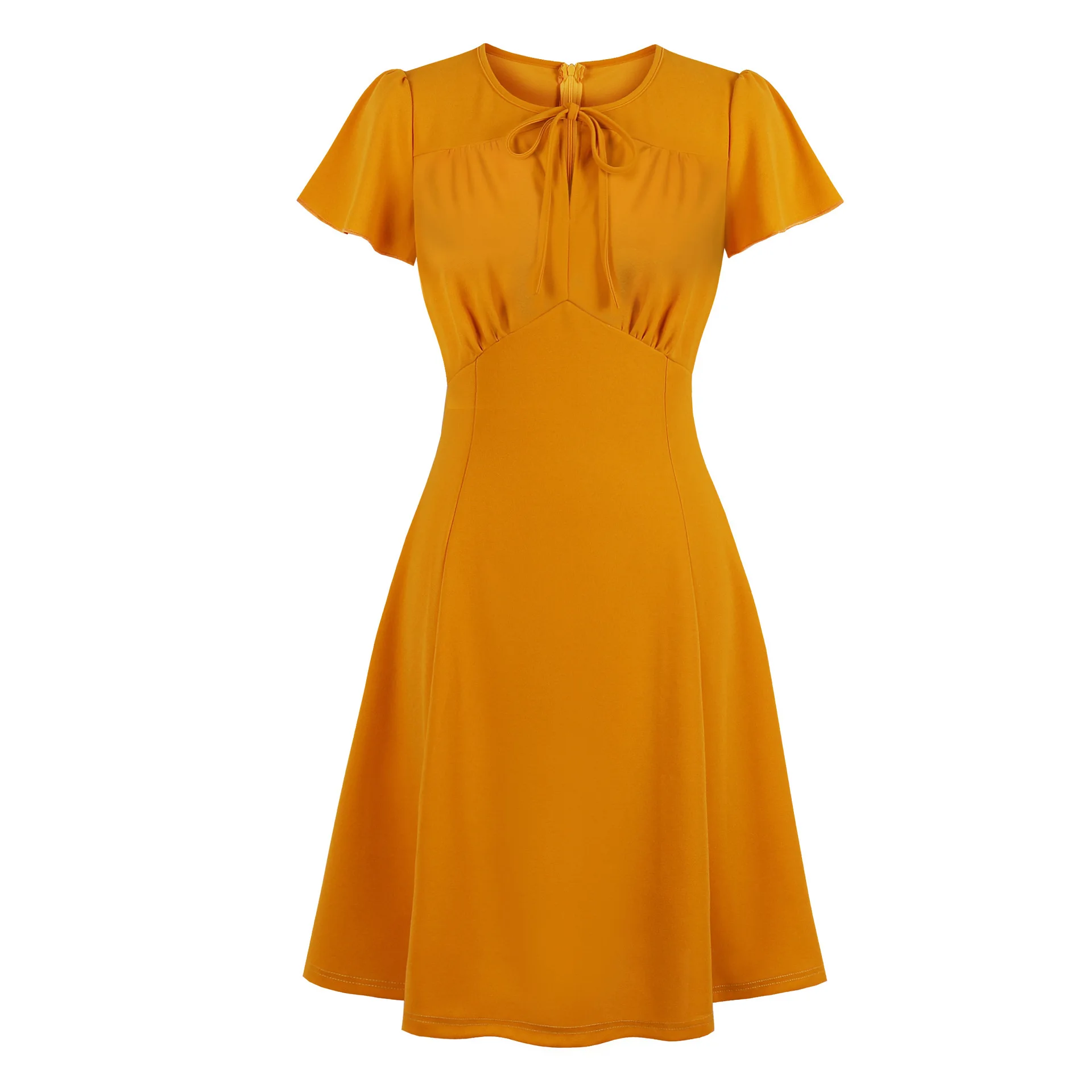 Size Plus Ladies Flared Sleeves Cuffs With A Line On Neck Retro Women Dresses Yellow Mustard Eleg Vestidos