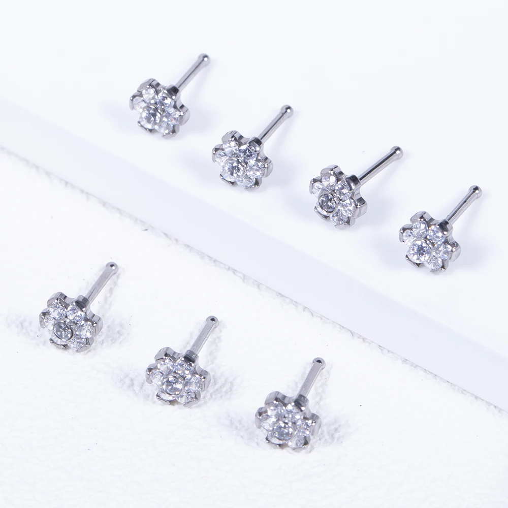 

G23 Titanium Flower Nose Ring CZ Stone Nostril Piercing Earring For Women 20G Pin Bar Nose Studs Body Piercing Jewelry Wholesale