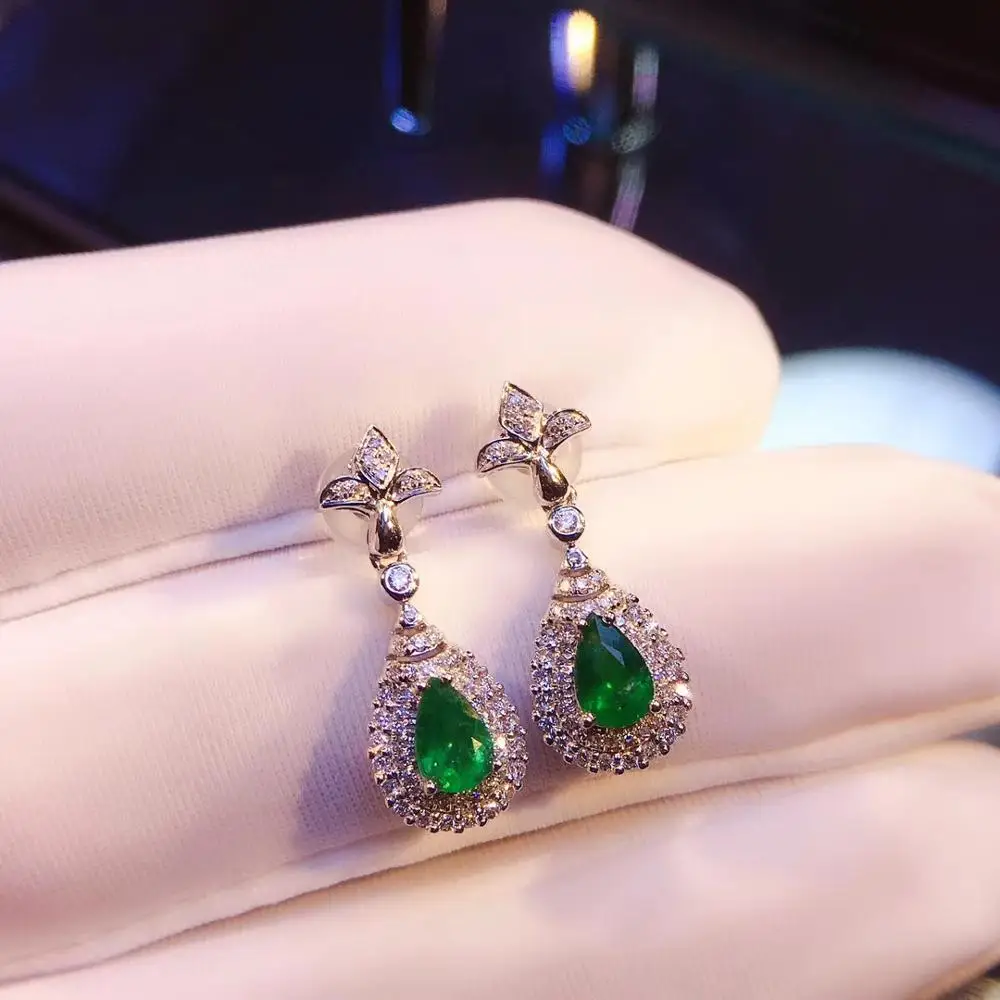 

0.6ct Pear Shape 100% Natural Real Zambian Emerald Drop Earring with Diamond Fine Jewelry Solid 14K White Gold Anniversary Gift