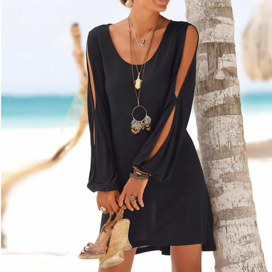 

Women Black Casual O-Neck Hollow Out Sleeve Straight Dress Solid Beach Style Mini Dress Fashion Dress Elegant Dress
