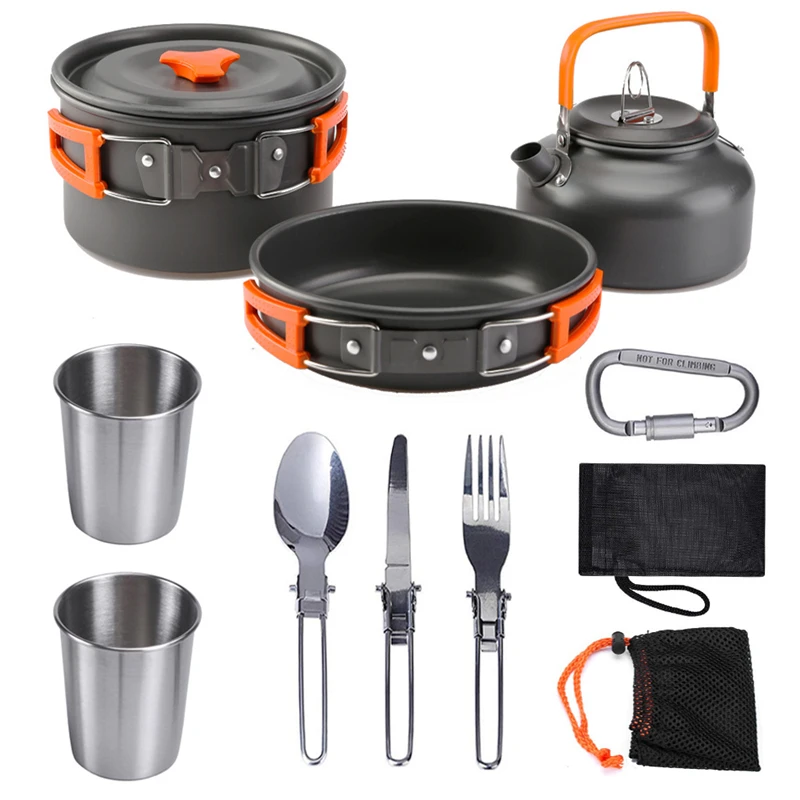 

1 Set Portable Outdoor Camping Cooking Utensils Dishes Cookware Set Camping Equipment with Foldable Spoon Fork Knife Kettle Cup