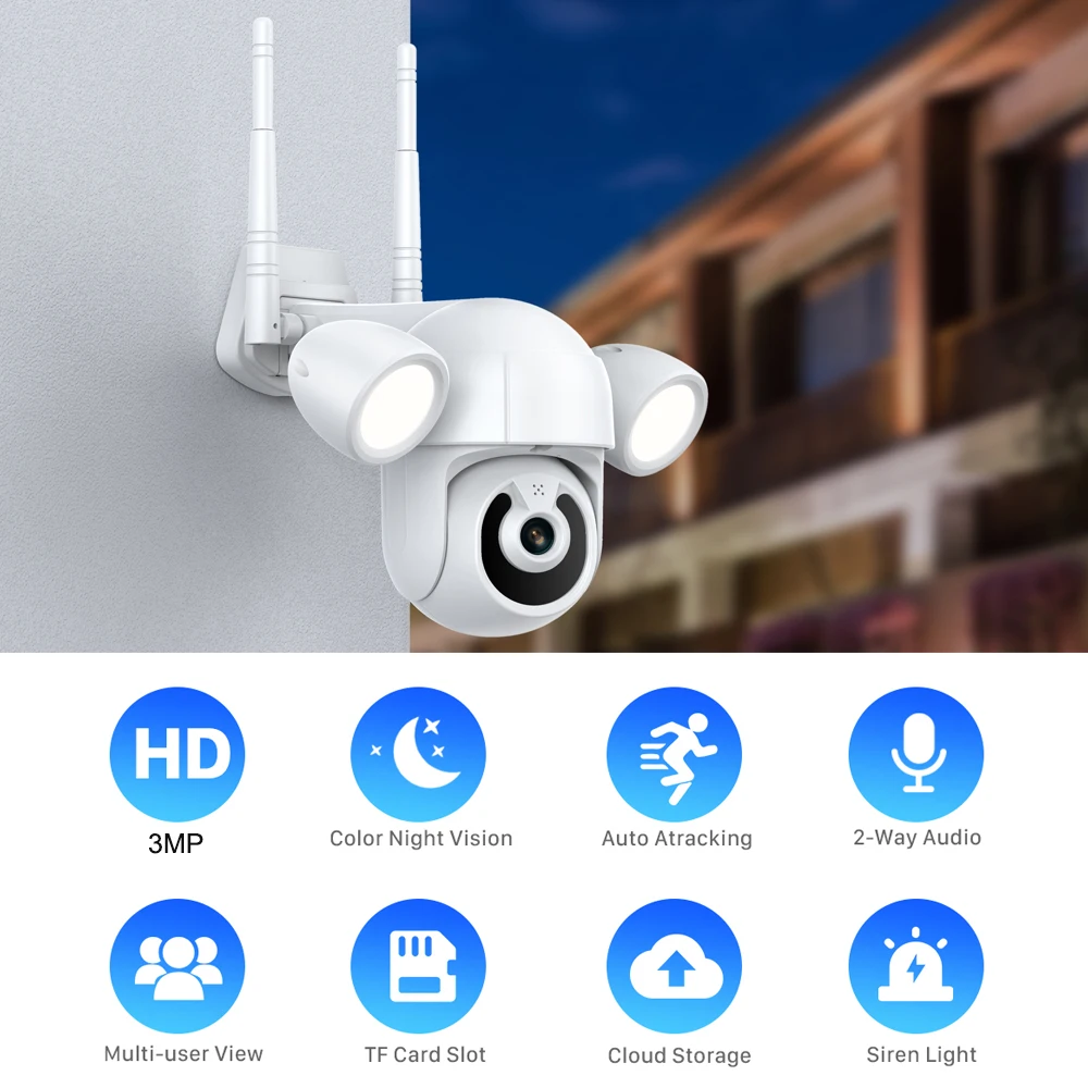 

3MP Video surveillance WIFI Camera Outdoor Wireless Videocam Floodlight PTZ Color Night Vision Security Smart Home CCTV System
