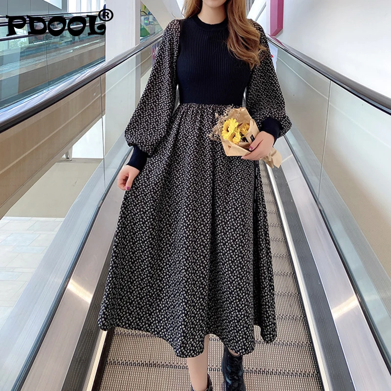 

New 2020 Autumn Winter Women Dresses Knitted Patchwork Floral Dot Flared Elegant Vintage Lady Long Dresses Vintage Dress