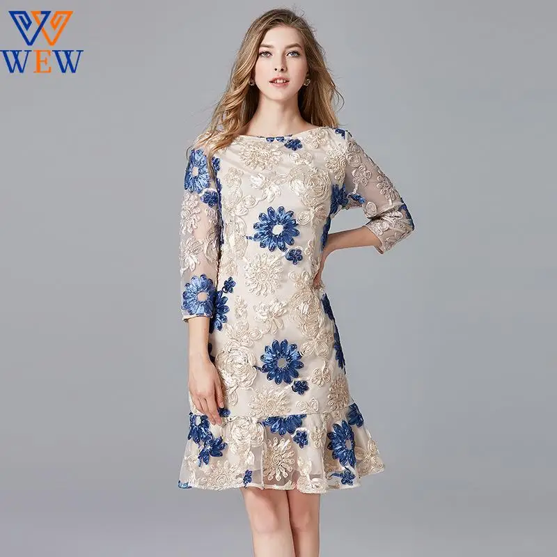 

2021 autumn new arrival high street style flower print lace dress three quarter above knee luxury party lace dress mom vestidos