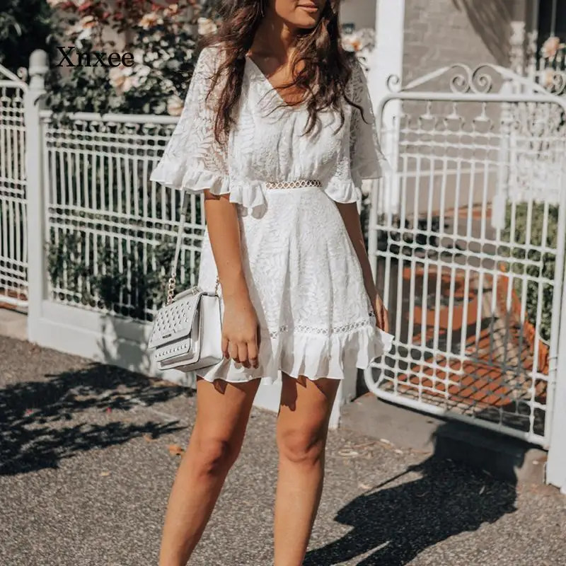 

2021 New Summer V-Neck White Lace Dress Flared Sleeve Ruffled Mini Dress Female Short Party