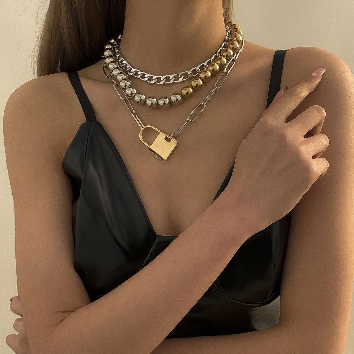 

2021 Neo-Gothic Lock Shape Pendant Women's Steampunk Multilayer CCB Material Chain Necklace Jewelry Accessories