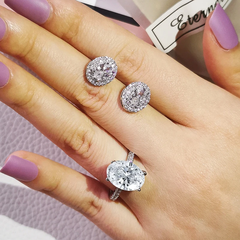 

2pcs Pack 925 Sterling Silver Jewelry Set Halo Engagement Ring Round Stud Earring For Wedding Gift J5566