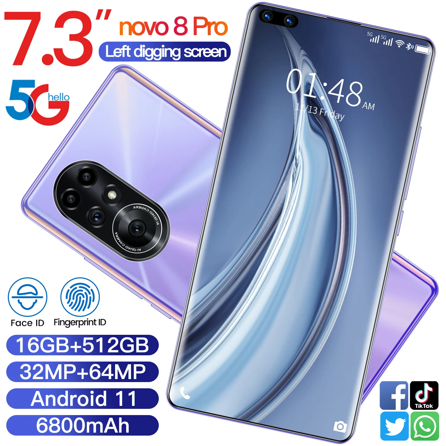 Глобальная версия Ново 8 Pro 7 3 дюймовый смартфон Android 11 6800 мА/ч 16 + 512 32 ГБ 64 Мп полный