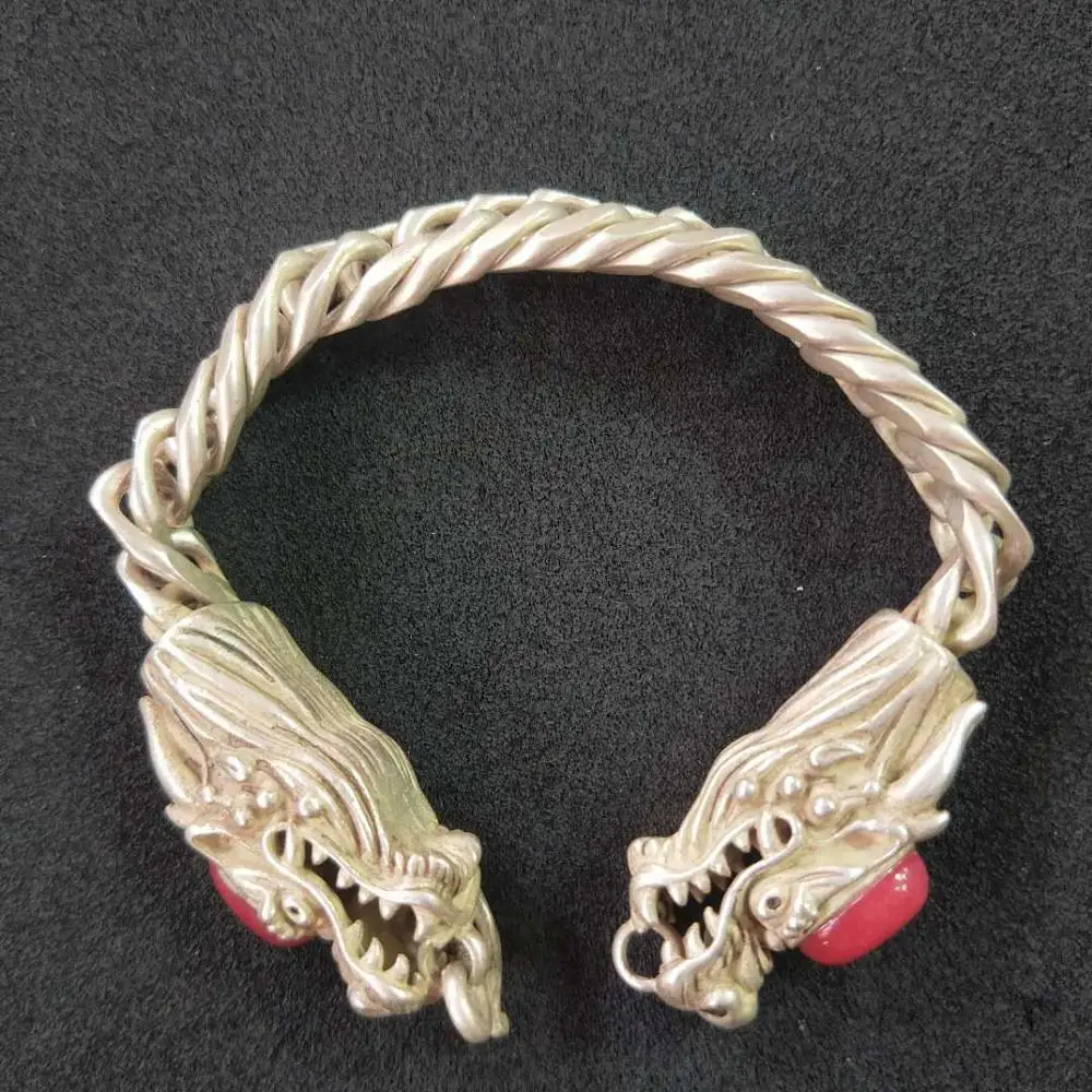 Очаровательный античный красный и зеленый рубиновый нефритовый двойной дракон