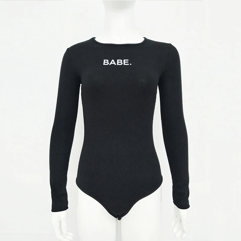 

Spring Woman Sexy Cotton Knit Long Sleeve Bodysuit BABE Letters Embroidery Slim O-Neck Ladies Rompers Playsuits Overalls