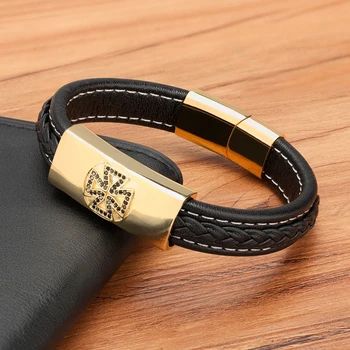 Stainless Steel Men\'s Leather Bracelet - Cross Design 4