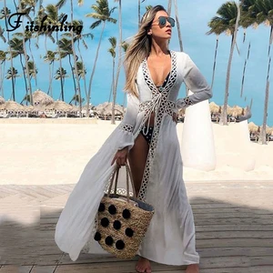 Пляжная накидка в стиле бохо Fitshinling, летняя накидка для отдыха, длинный кардиган белого цвета с длинным рукавом, 2020, Стройное сексуальное бикини