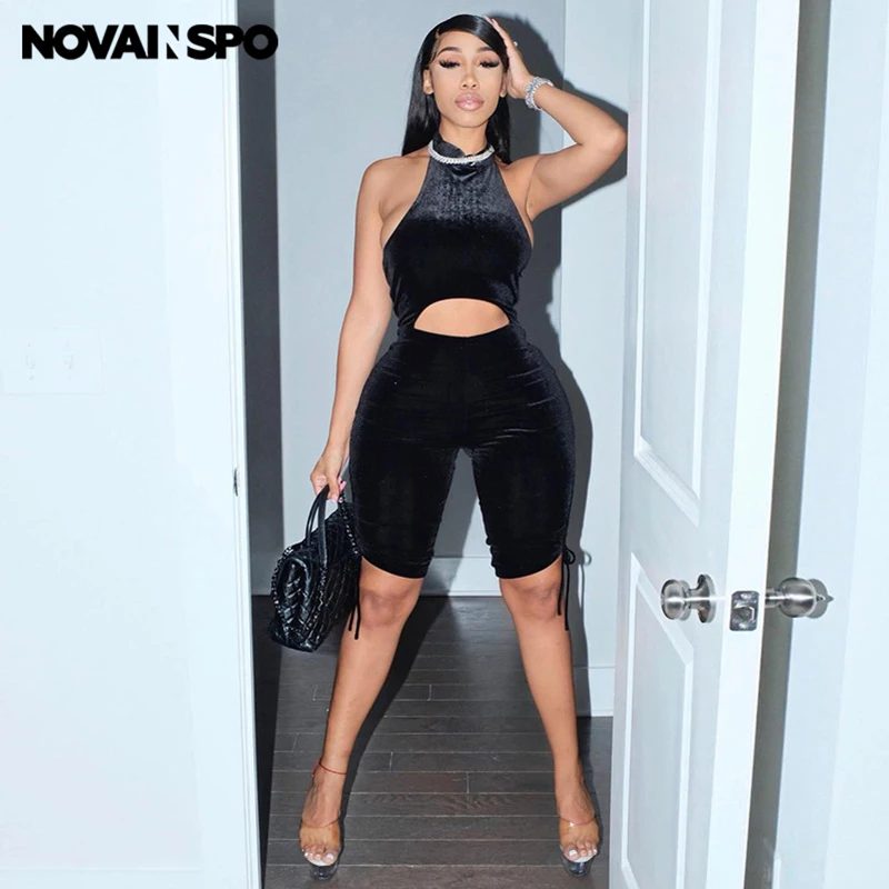 

NOVAINSPO Summer Backless Cut Out Sleeveless Aesthetic Jumpsuit For Women 2021 Fashion Casual Sporty Five-Point Soild Short Suit