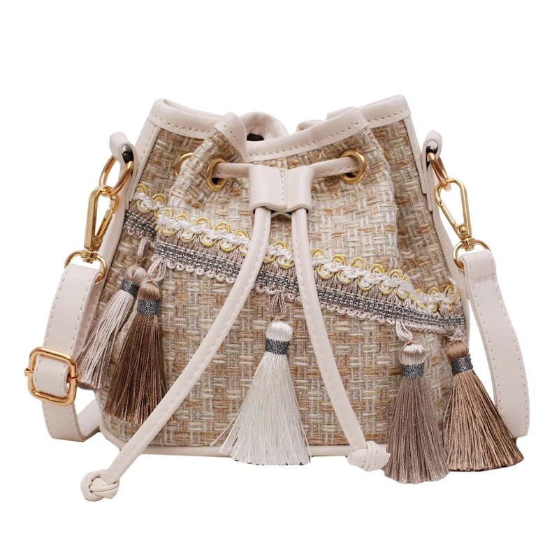 

Fashion Small Bag Women's New National Wind Weaving Suzu Bucket Bag Ins Ocean Gas One-shoulder Sloping Bag