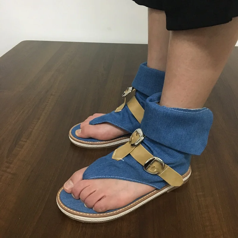 REAVE CAT Blue Denim shoes woman buckle Gladiator Sandals Women Summer Jeans Boots western booties sandalias Plus Size 43 | Обувь
