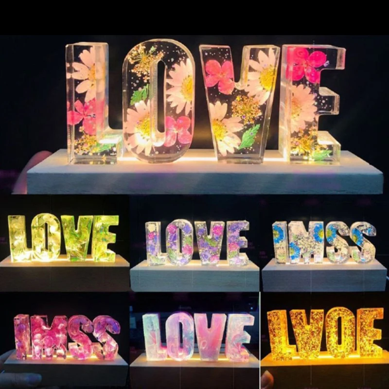 

87HC Alphabet Epoxy Resin Mold with LED Light Dispaly Base English Letters Pendant Casting Silicone Mould DIY Crafts Mold