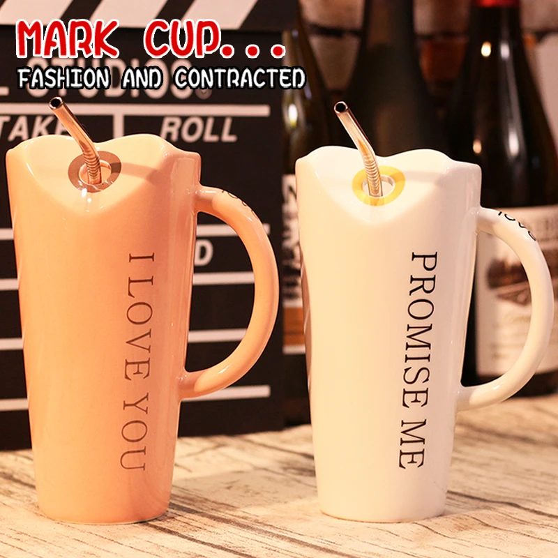 New Ins Creative Water Cup Large Capacity Spoon Pipet Ceramic Mug Simple Pair Bottle Shaker Coffe | Дом и сад