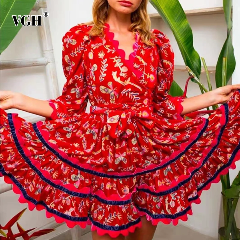 

VGH Red Lace Up Bowknot Dress For Women V Neck Puff Short Sleeve High Waist Print Casual Mini Dresses Female 2021 Summer Fashion