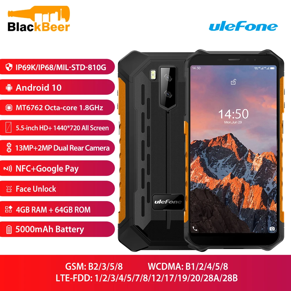 Ulefone Armor X5 Pro Rugged Mobile Phone IP68/IP69K Waterproof 4GB 64GB Android 10.0 Smartphone Octa Core CellPhone NFC 5000mAh | Мобильные