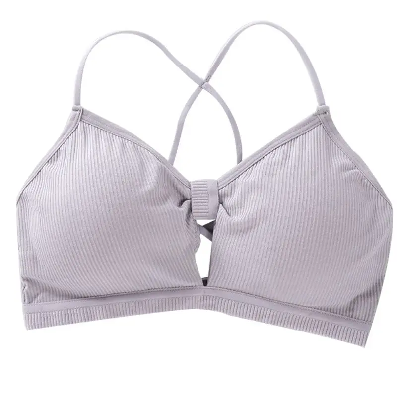 

Women Girl Ribbed Knit Bralette Bright Candy Color Cross Strappy Backless Underwear Hollow Knotted Front Push Up Padded Top Y5JD