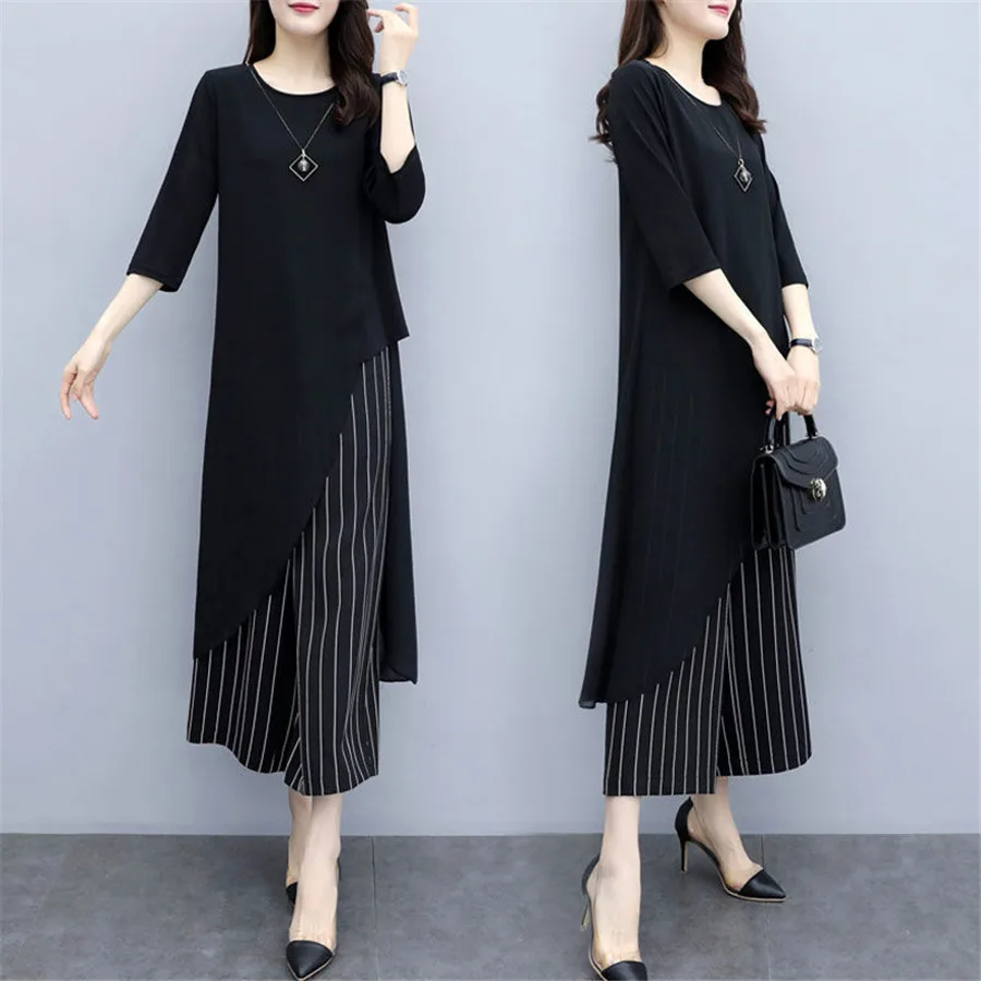 

Korea Women Casual Office Lady Two Piece Set Short Sleeve Tee High Waist Wide Leg Striped Pants Suits