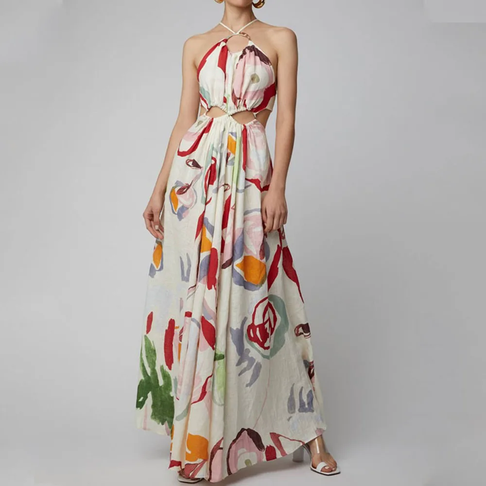 

Bohemian 2021 Summer Ladies Dress Casual Fashion Loose Sexy Hollow Out Beach Printing Show Waist High Waist