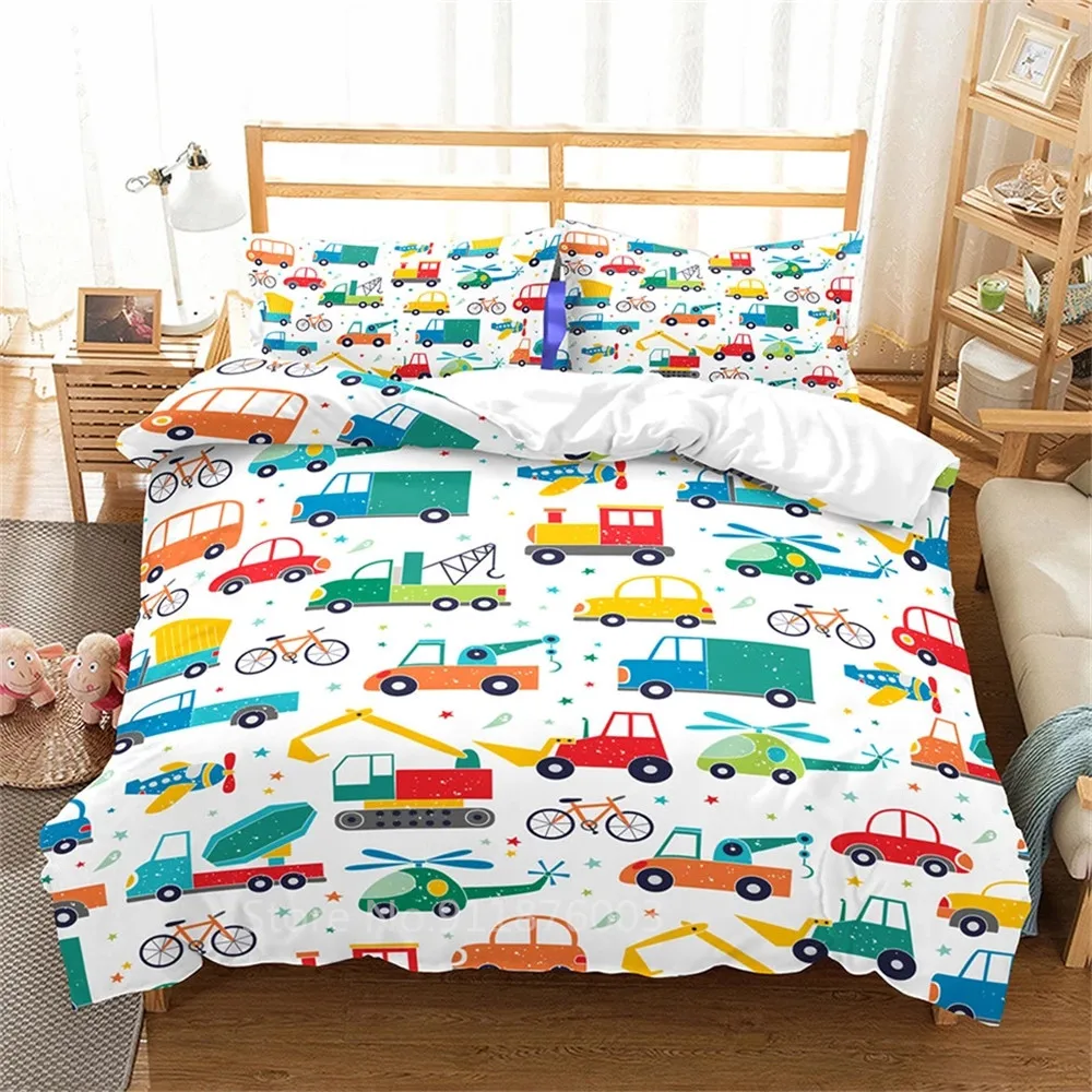 

Children Duvet Cover Set Cartoon 3D Kids Bedding Set Kids Bed Set White with Animal Car Printed for Full Size Cute Home Decor