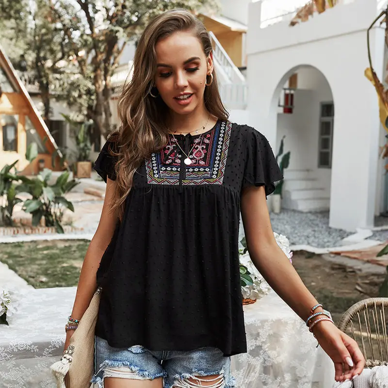 

Vintage Casual Print 2021 New Street Style Fashion Ladies Blouse Short Sleeve Round Neck Loose Chic Female Blouse