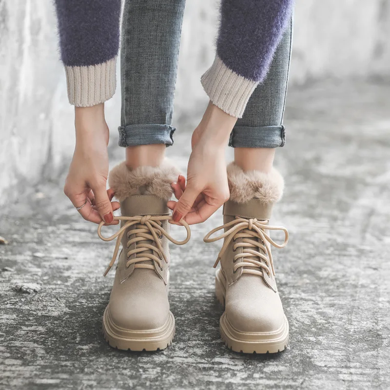 

Women's Boots Martin Boots Winter Fur Ankle Boots Unisex Snow Shoes Woman Boots Leather Martens Lace-Up Botas De Mujer Botines