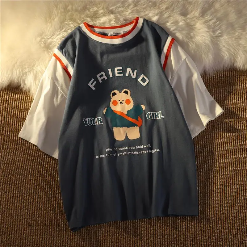 

New Lovely Little Bear Printing T-shirt Loose Stitching Fake Two-piece Top Oversized Crewneck Couple Clothes Goth Clothes Summer