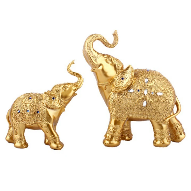 

2Pcs/Set Golden Polyresin Ornate Elephant Statue Lucky Figurine Sculptures Ornaments for Home Office Decor Crafts Gift