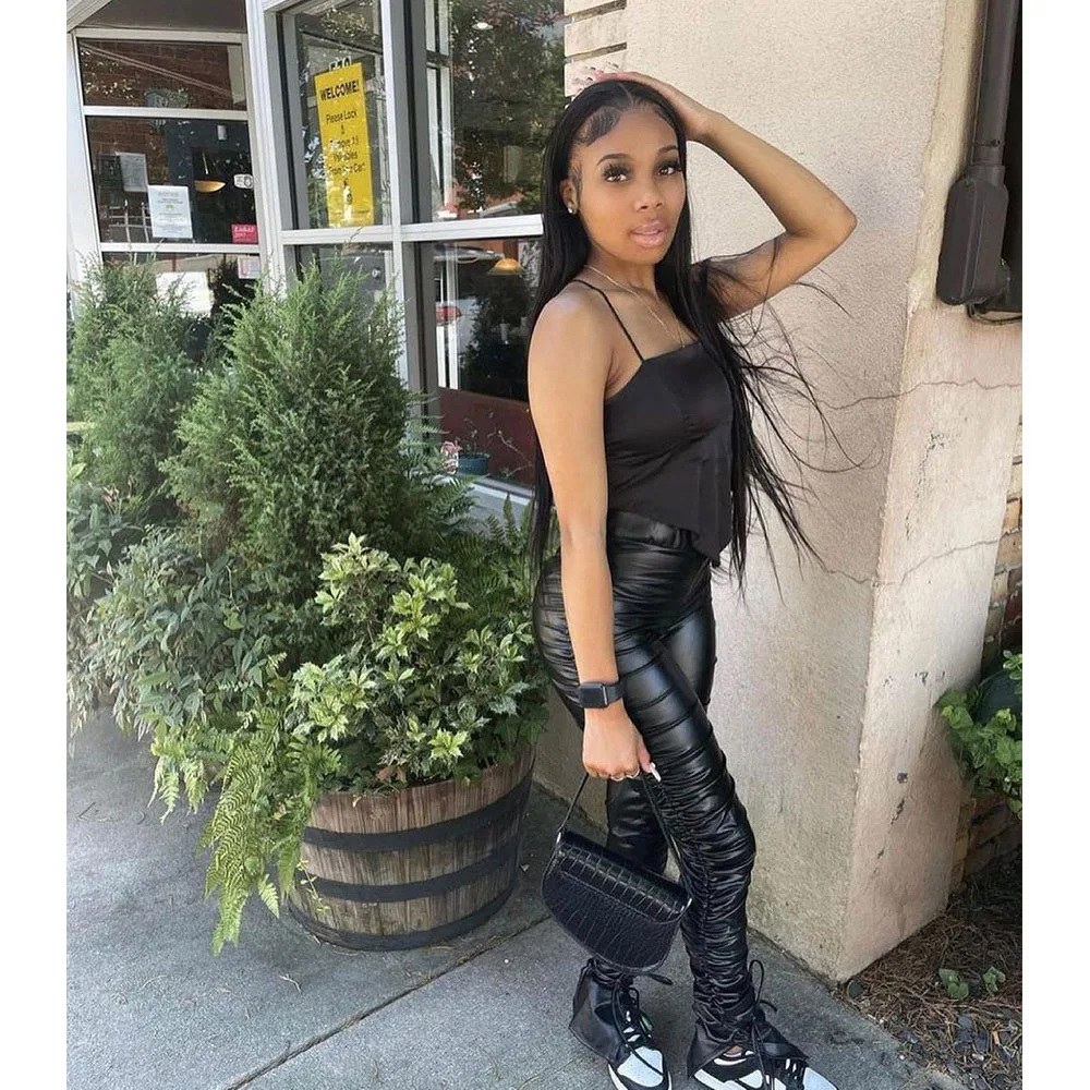 Плиссированные черные штаны из искусственной кожи с высокой талией женские